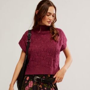 Free People Vickie Textured Knit Mock Neck Short Sleeve Sweater, size small.